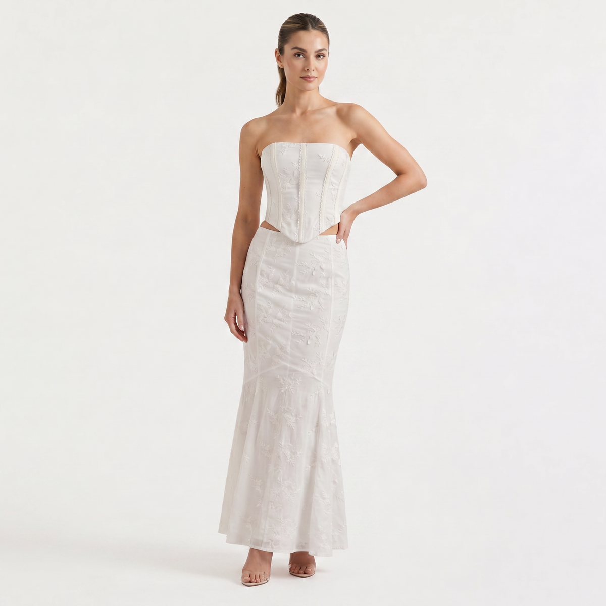 White Strapless Maxi Dress - Embroidered