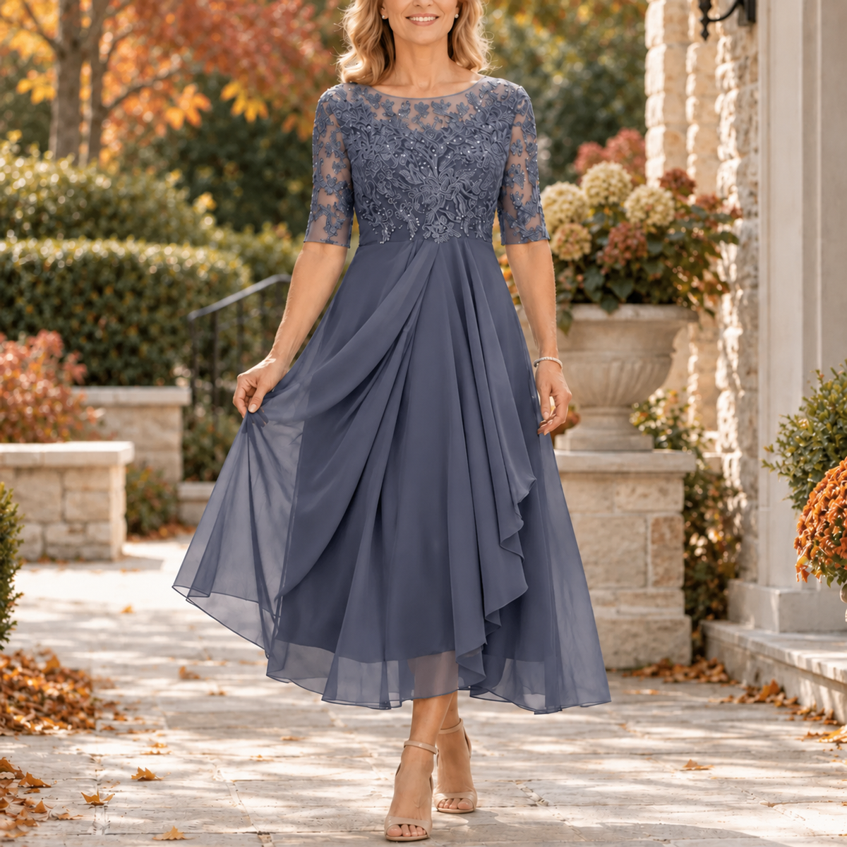 Elise | Lace Bodice Draped Midi Dress