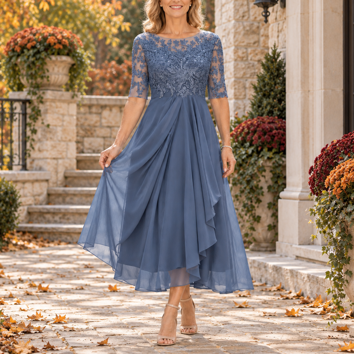 Elise | Lace Bodice Draped Midi Dress