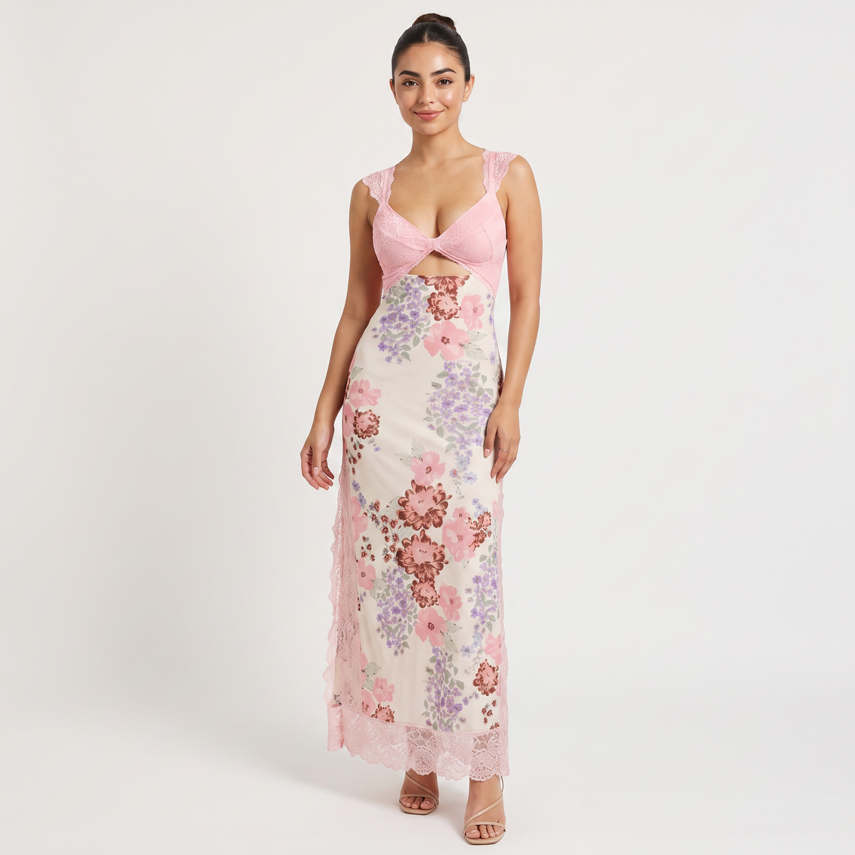 Pink Floral Hollow Lace Maxi Dress