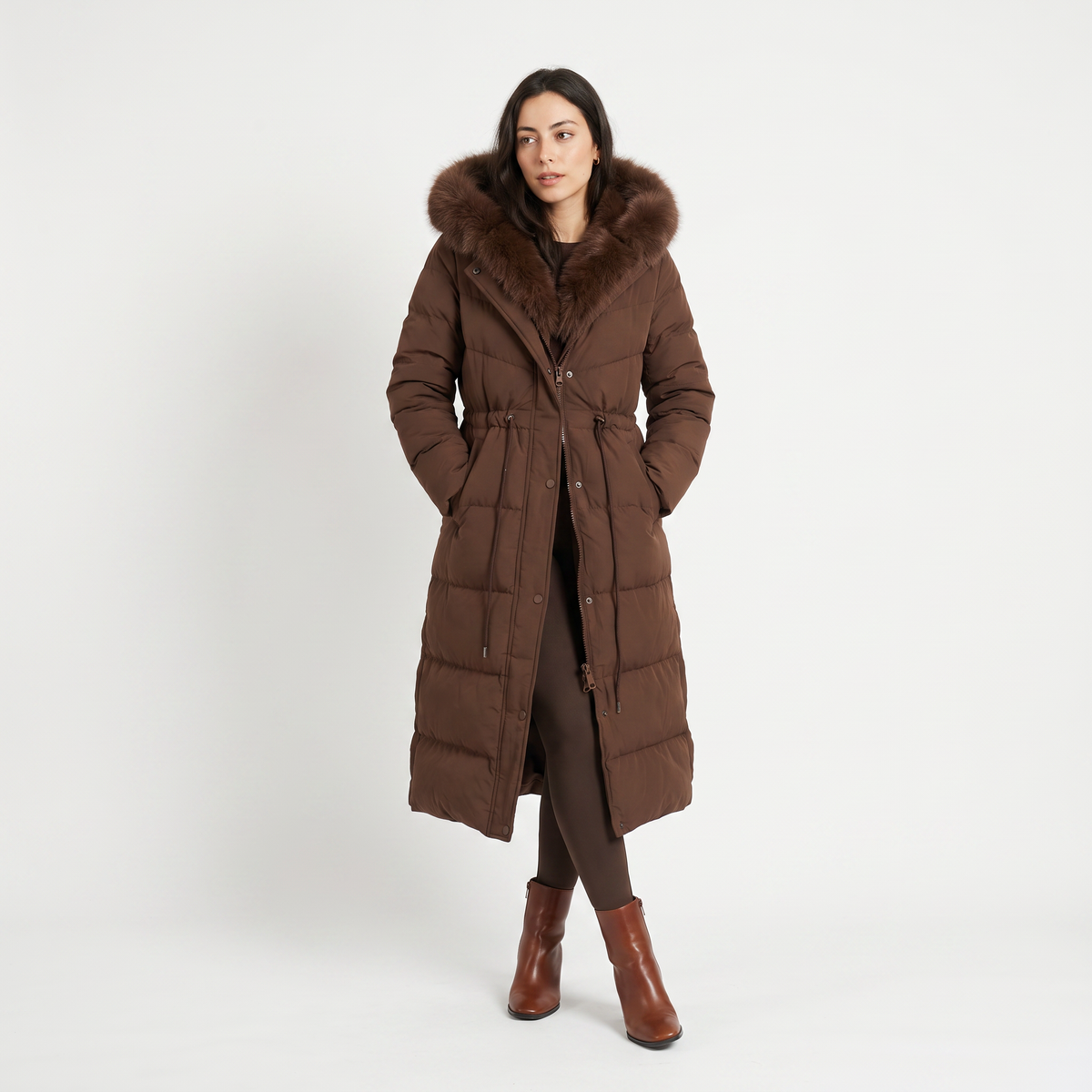 Long Puffer Coat with Faux Fur Hood