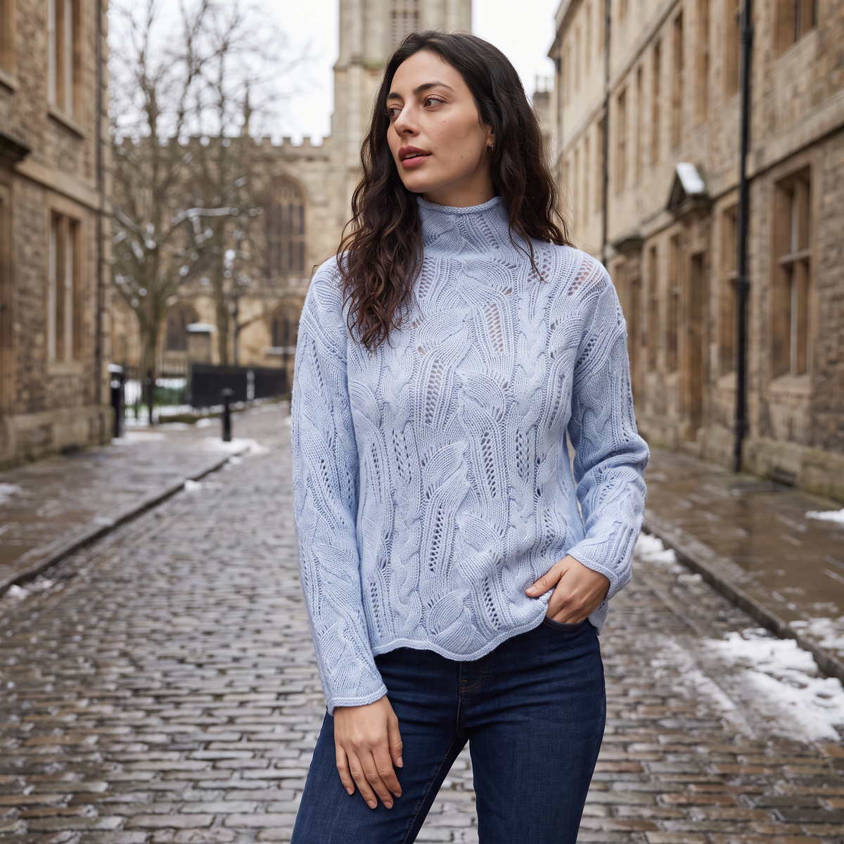 Pointelle Cable Knit Turtleneck Sweater