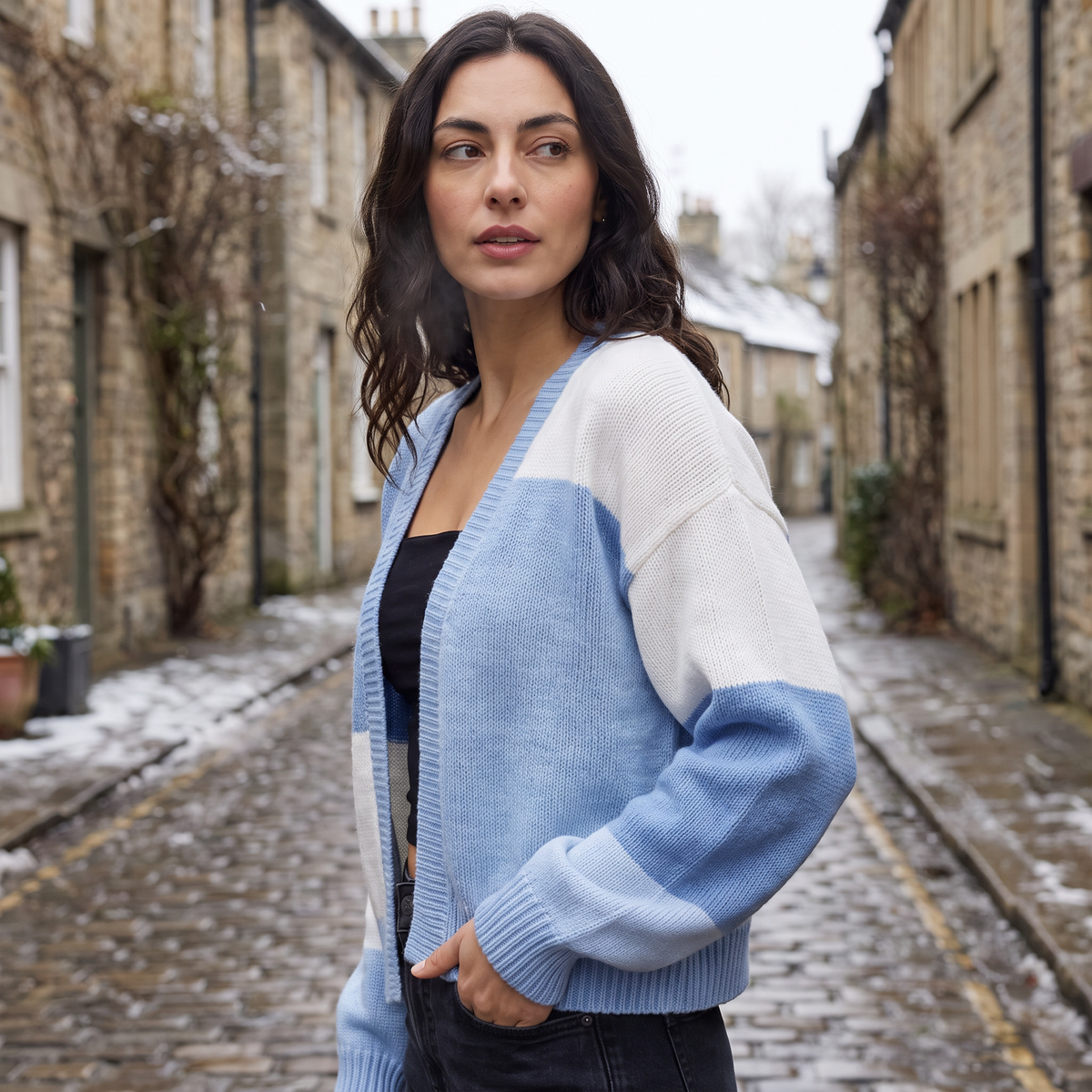 Open Front Cropped Cardigan - Ribbed Cuffs