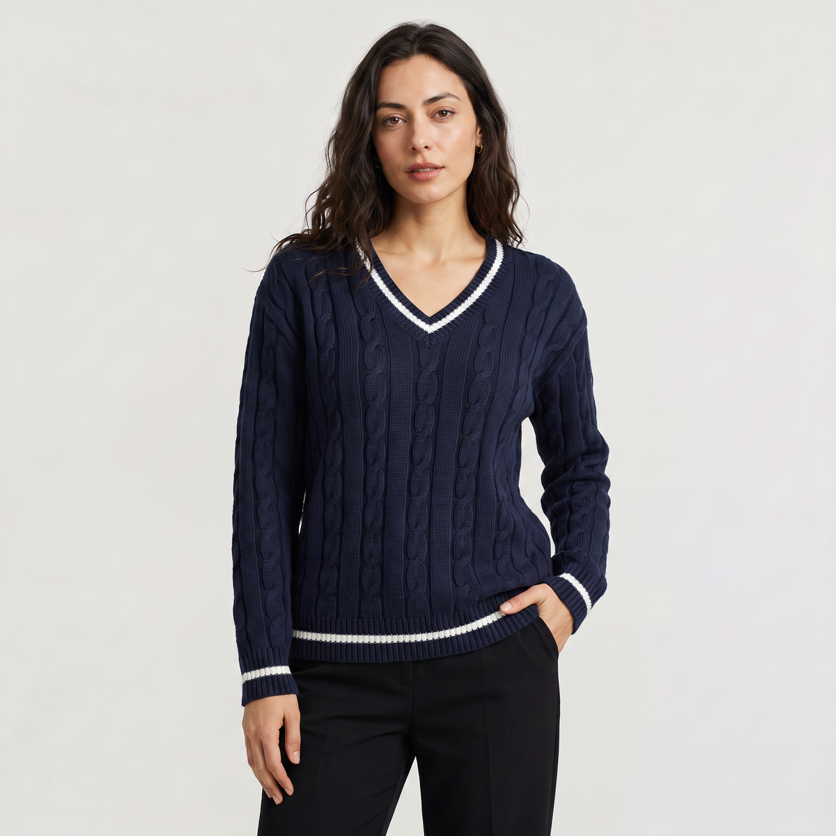 V-Neck Cable Knit Sweater