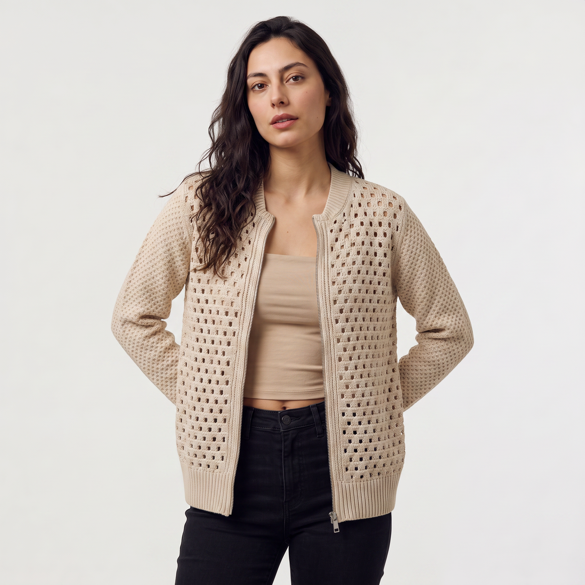 Hollow-Knit Zip Cardigan - Relaxed fit