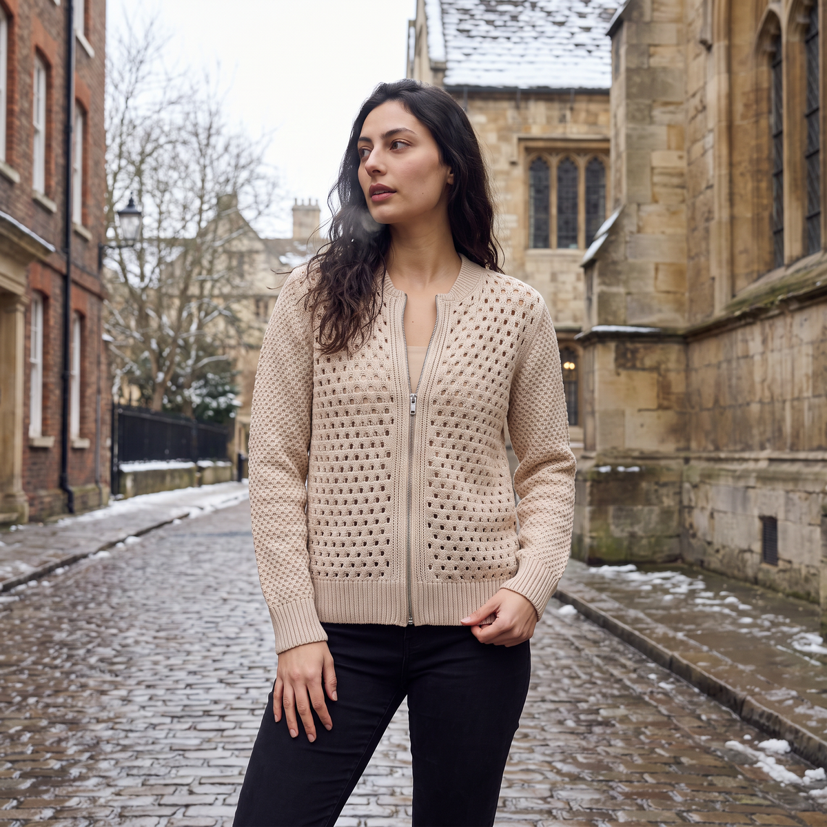 Hollow-Knit Zip Cardigan - Relaxed fit