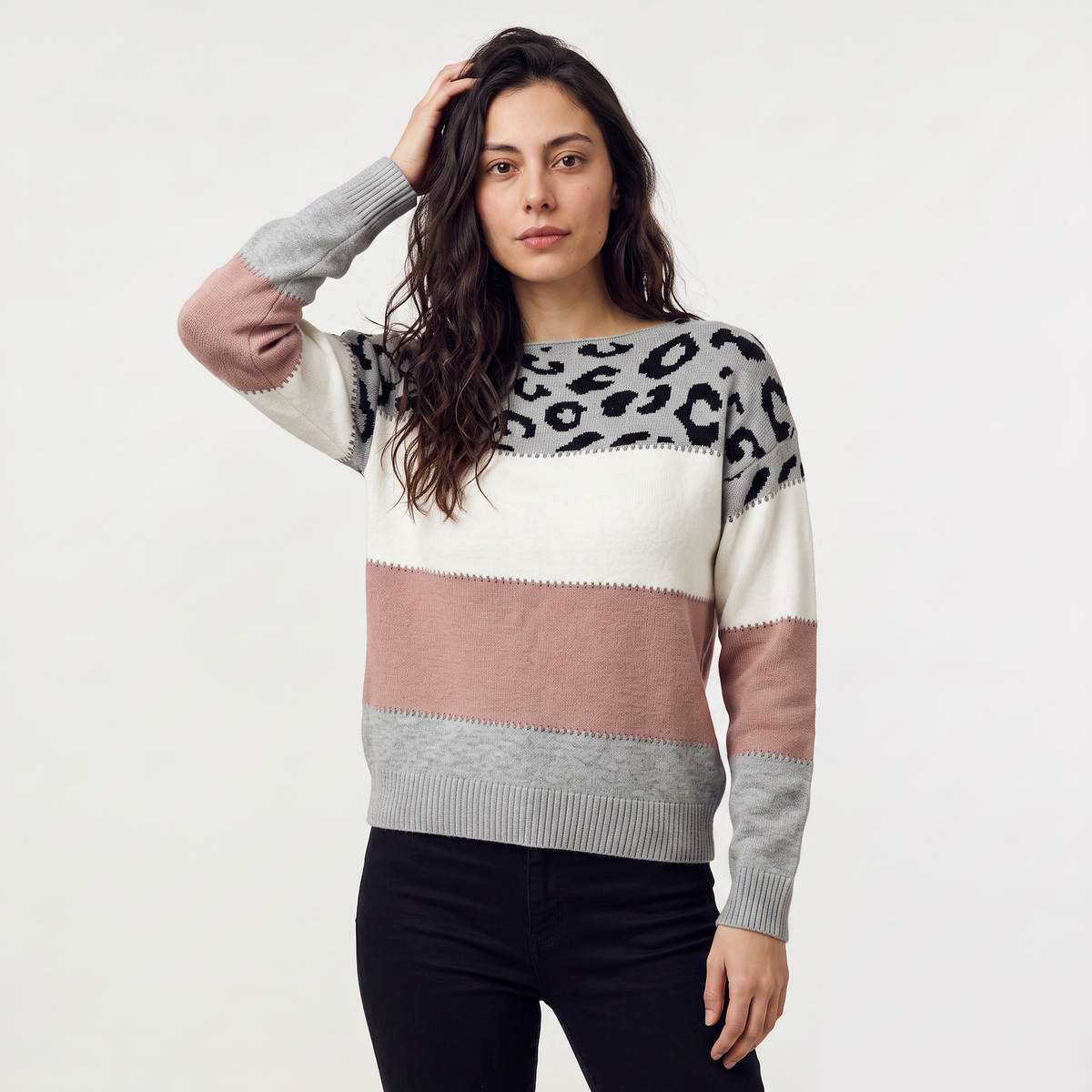 Color-Block Leopard Print Sweater