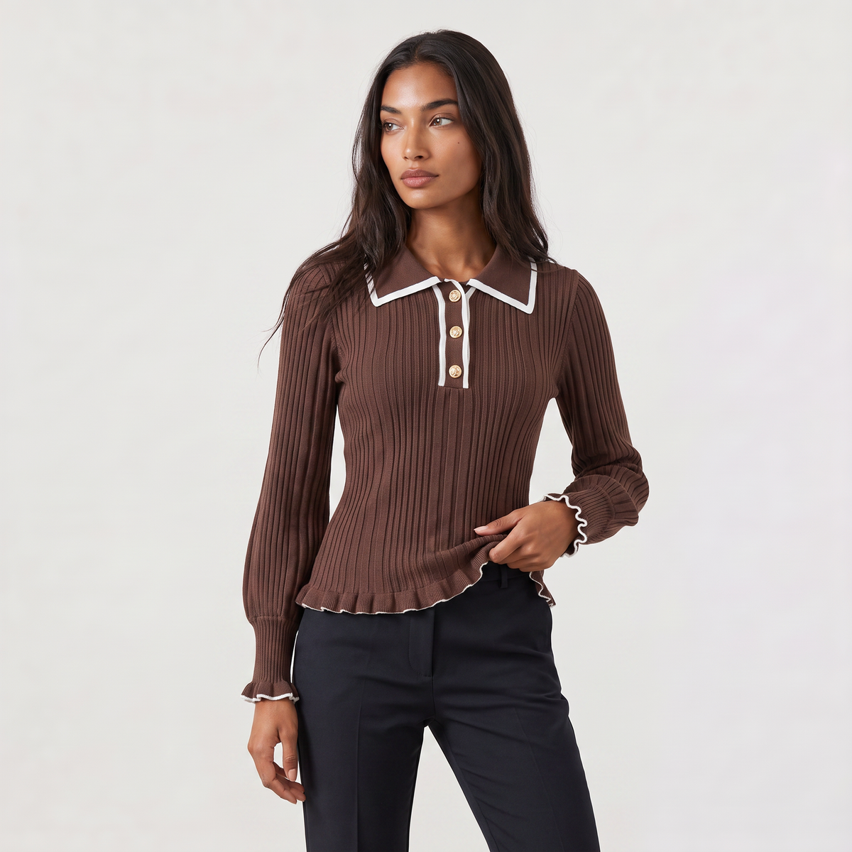 Ribbed Polo Knit Jumper - Fitted Top
