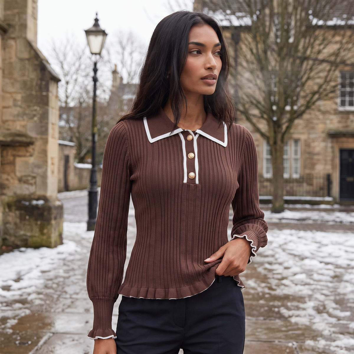 Ribbed Polo Knit Jumper - Fitted Top