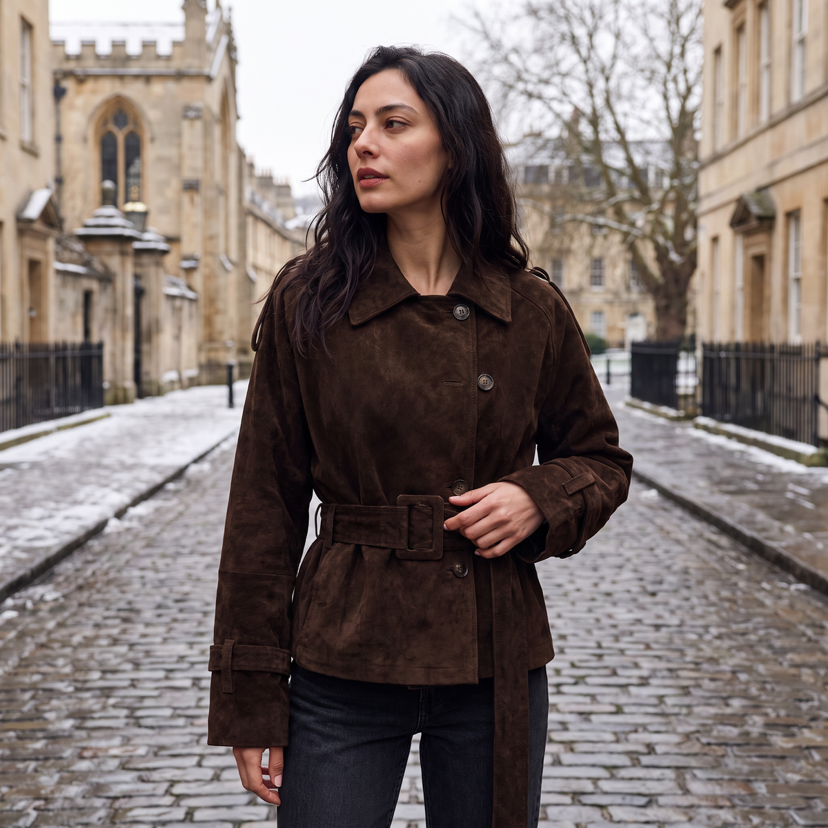 Cropped Suede Trench Jacket