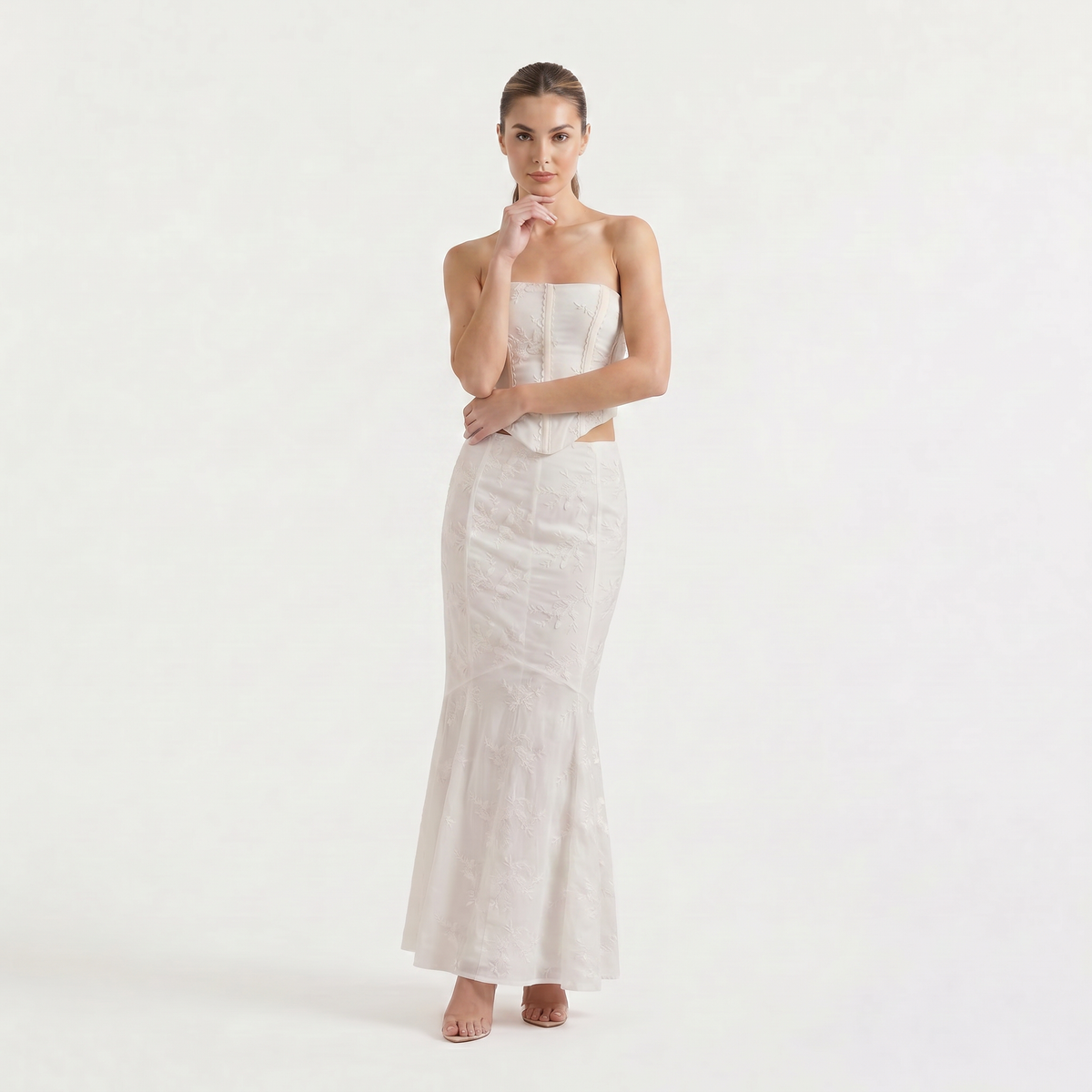 White Strapless Maxi Dress - Embroidered