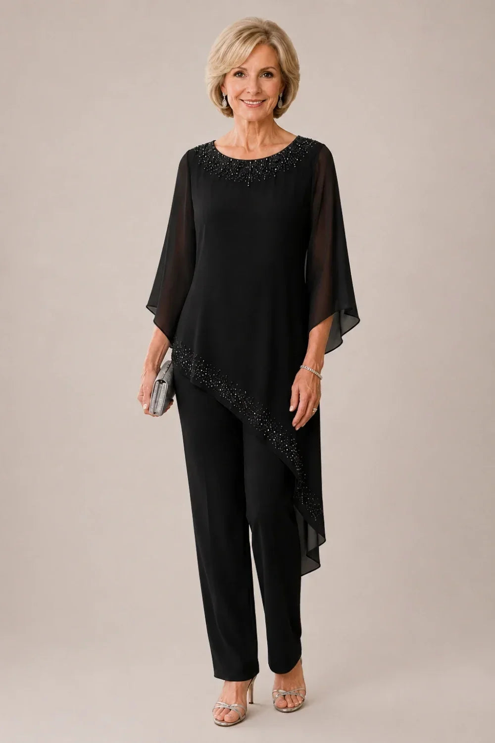 Beaded Chiffon Overlay Mother of the Bride Pant Suit