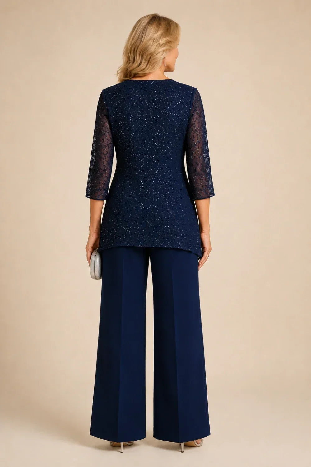 Beaded Lace Layered Wide-Leg Pant Suit