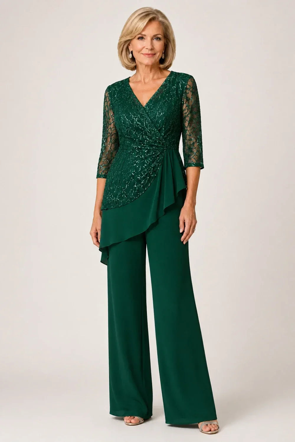 Beaded Lace Chiffon Pant Suit with Sheer Sleeves