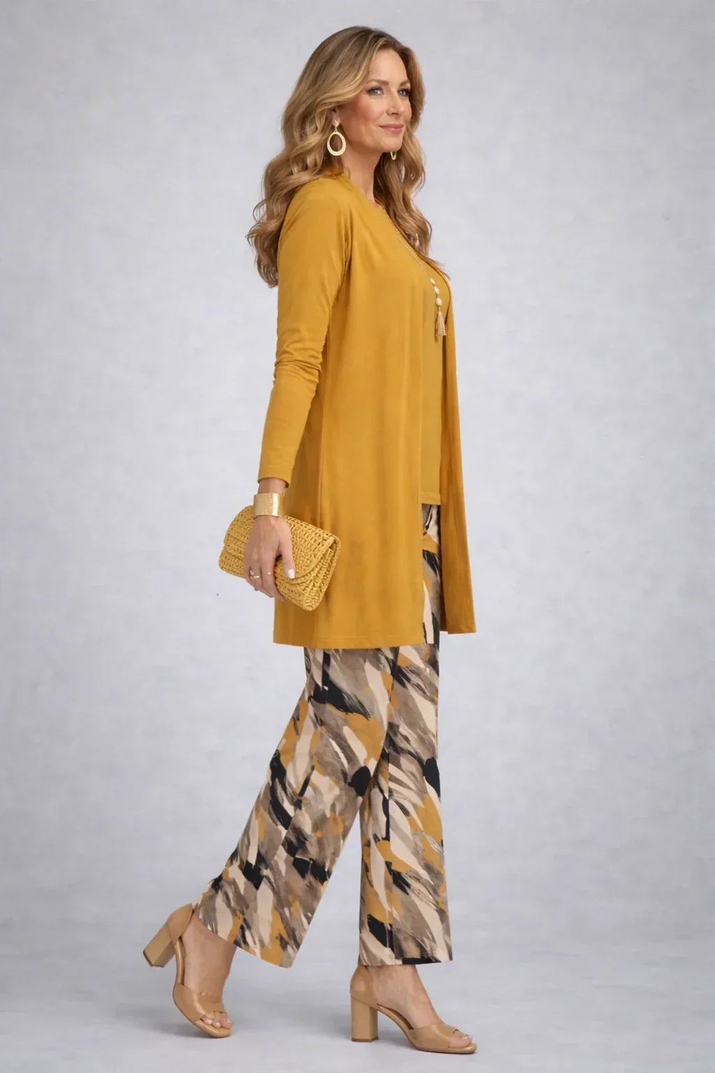 Maddie | Mustard Three-Piece Set with Printed Pants