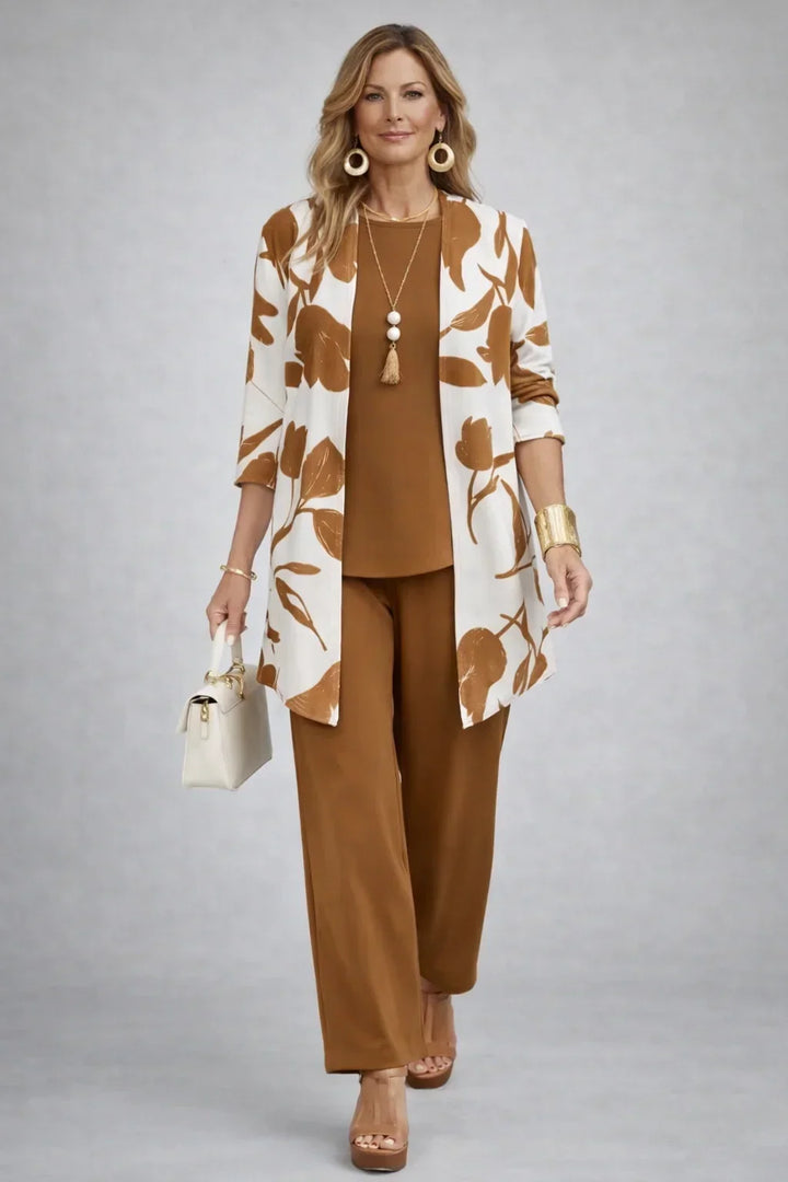 Hannah | Caramel Leaf-Print Three-Piece Set