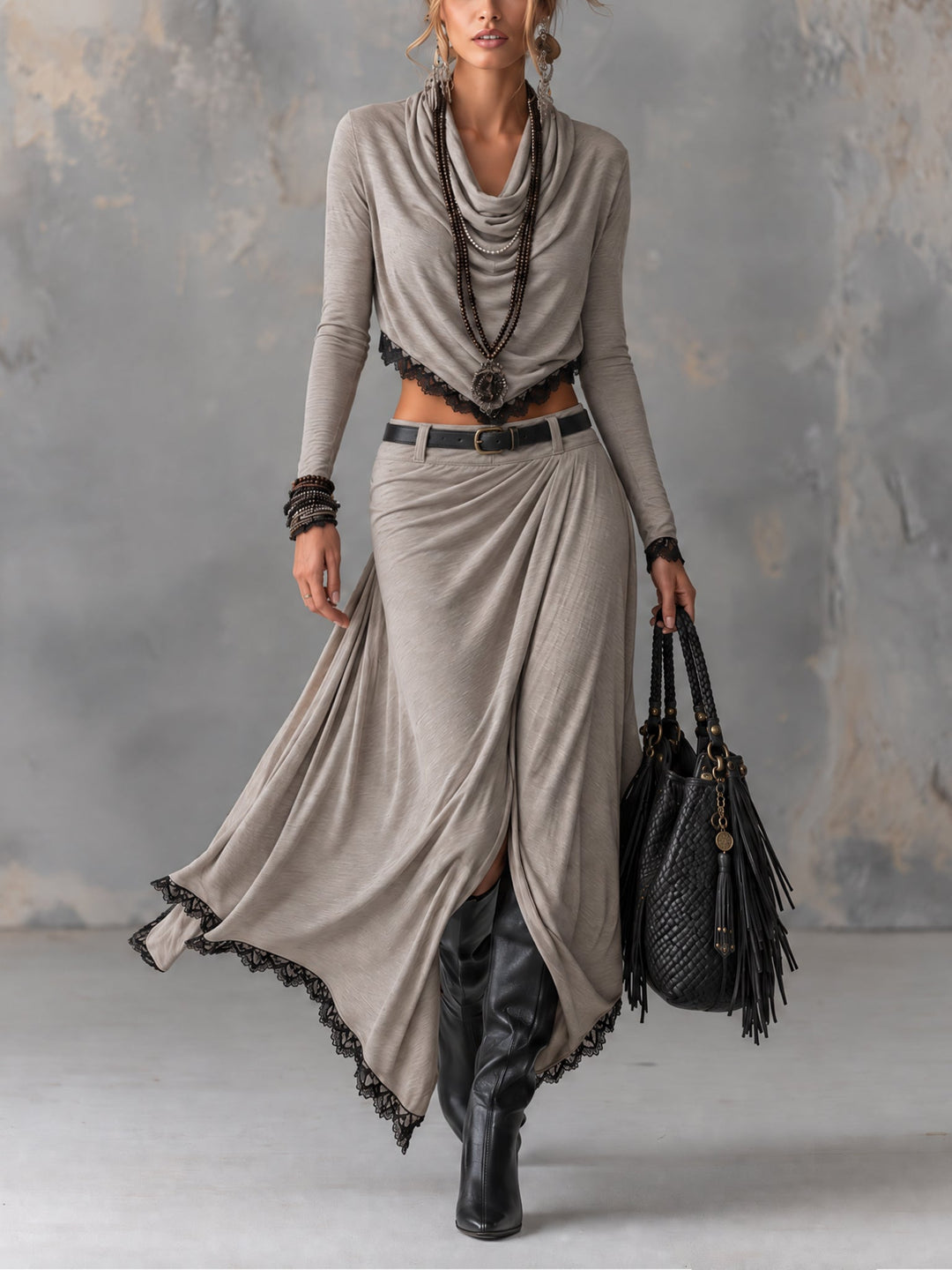 Michela | Draped Crop Top &amp; Slit Maxi Skirt Set
