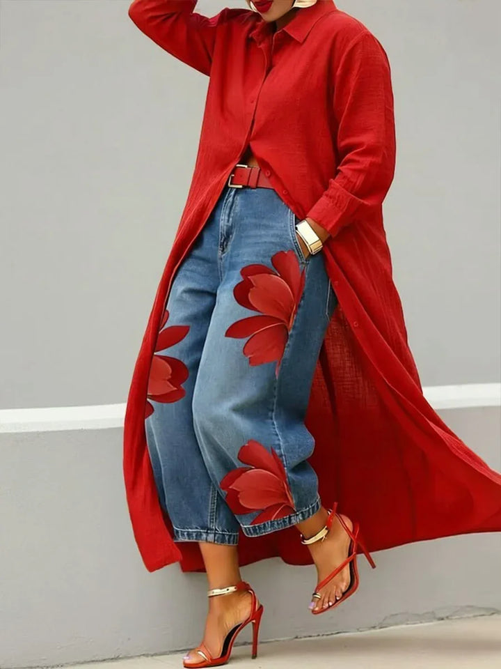 Fiamma Shirt Dress and Floral Jeans Set
