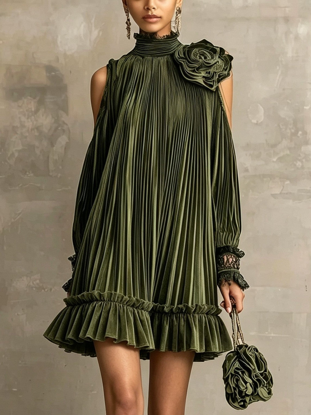 Elegant Olive Green Pleated Mini Dress with High Neck, Ruffle Hem &amp; Rose Detail