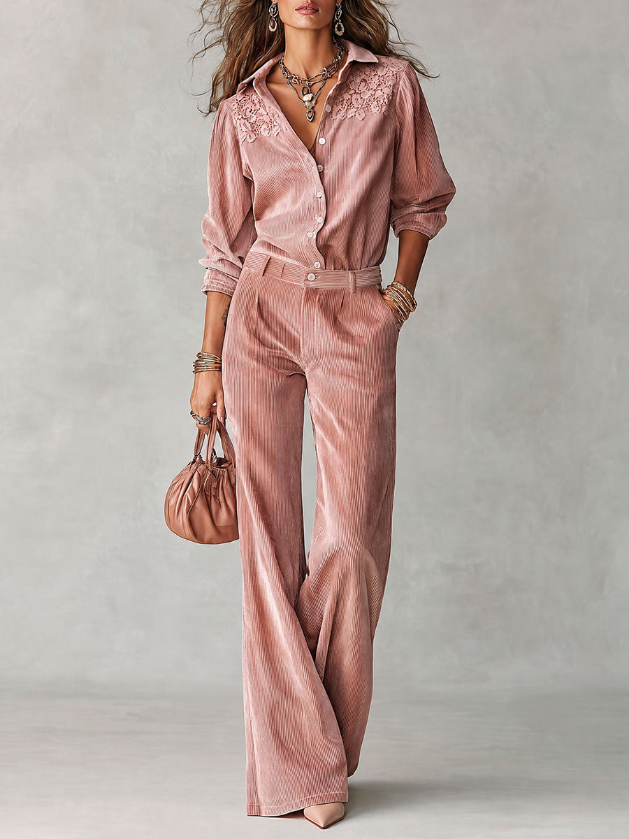 Boho Corduroy Lace-Trim Shirt &amp; Wide-Leg Pants Set