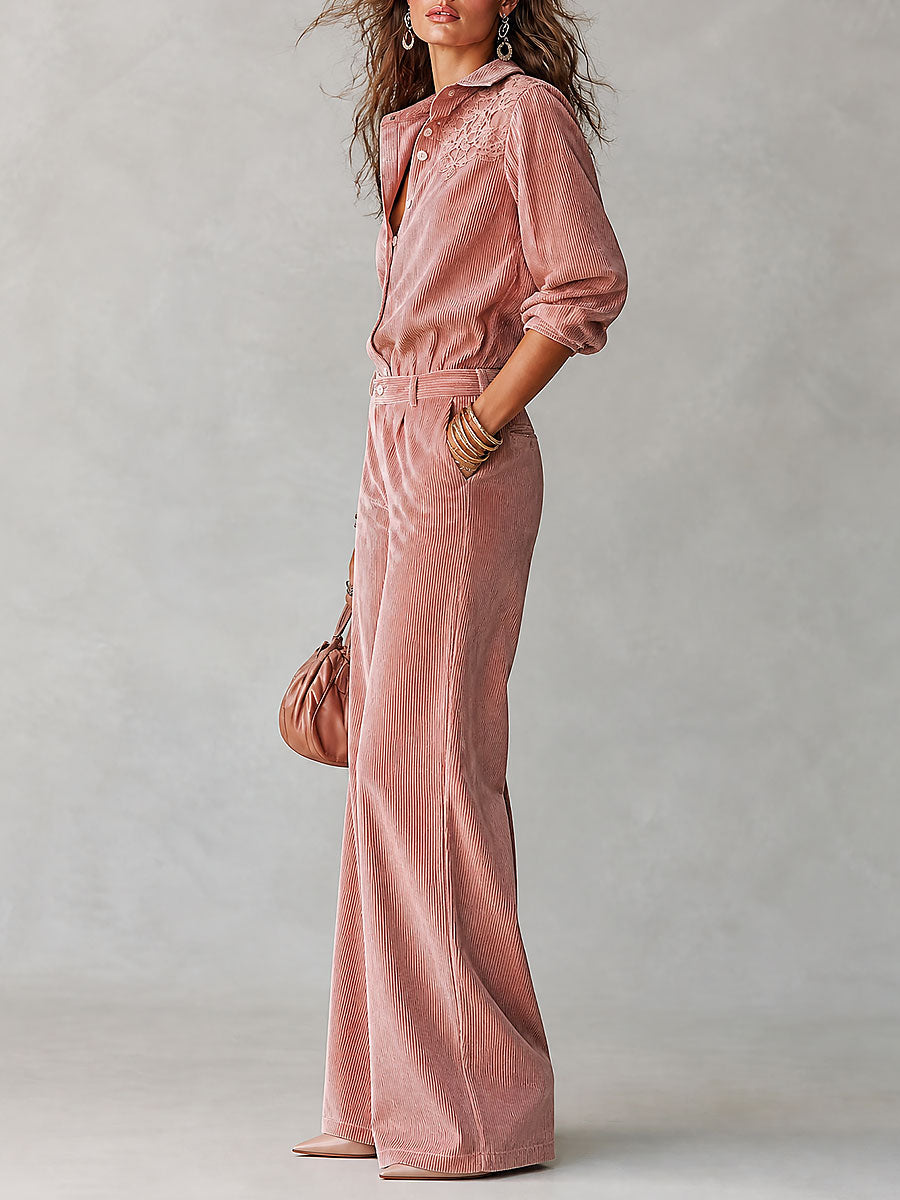 Boho Corduroy Lace-Trim Shirt &amp; Wide-Leg Pants Set
