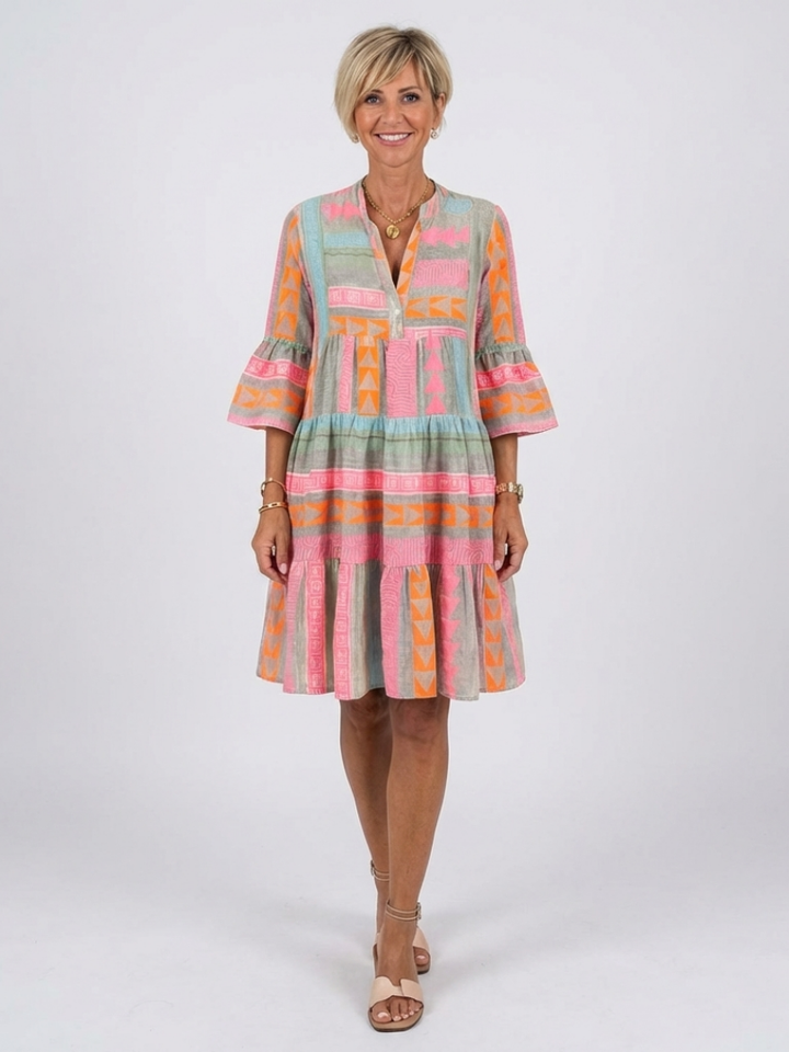Maelle | Geometric Print V Neck Tiered Knee Length Dress