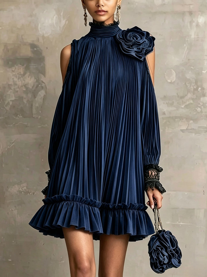 Elegant Olive Green Pleated Mini Dress with High Neck, Ruffle Hem &amp; Rose Detail