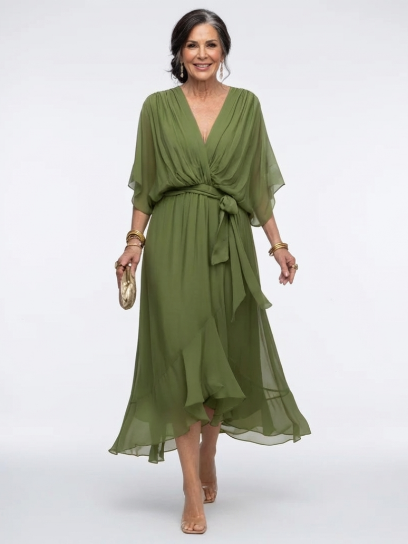 Elysia | V Neck Draped Waist Tie Midi Dress