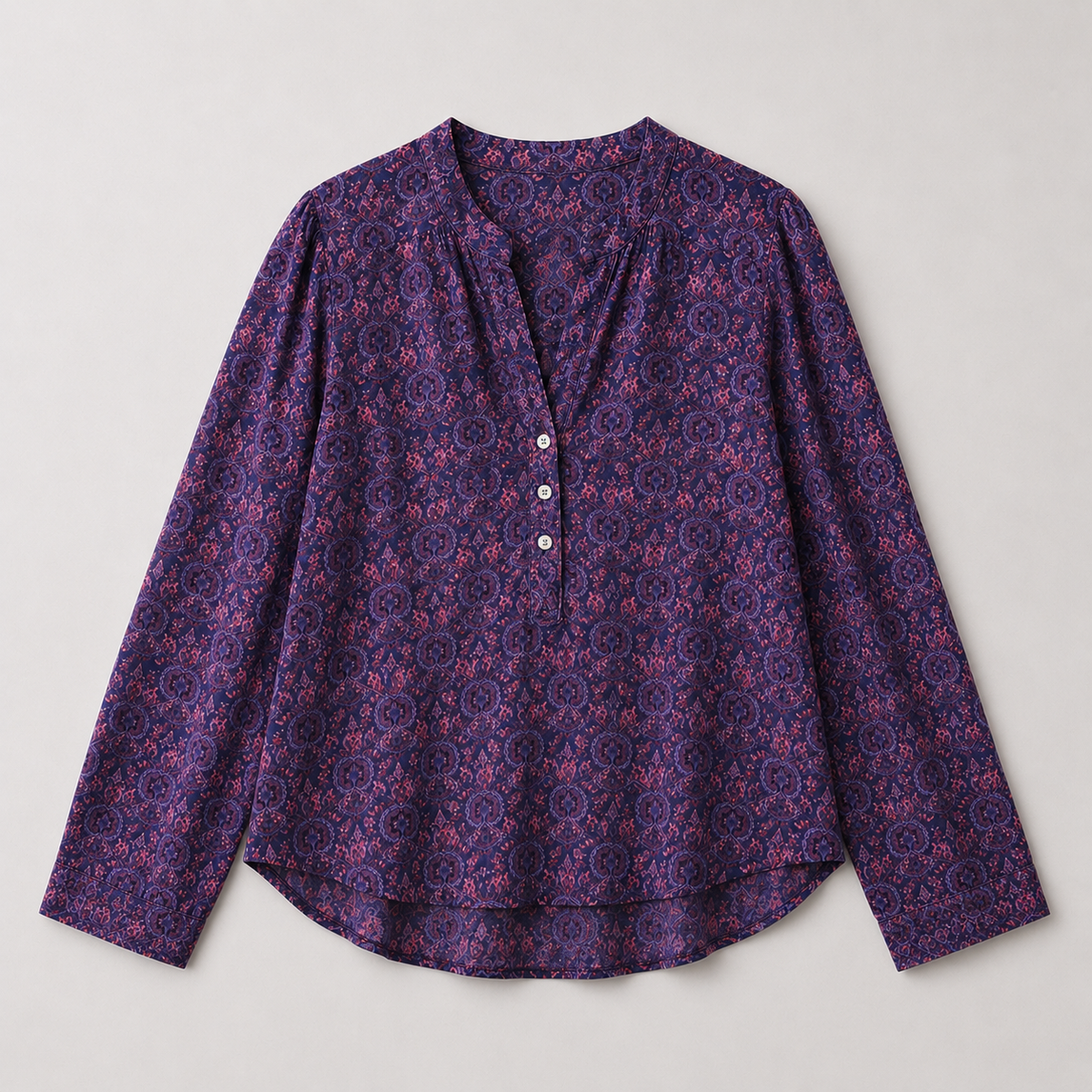 Printed Henley Neck Blouse | Long Sleeve
