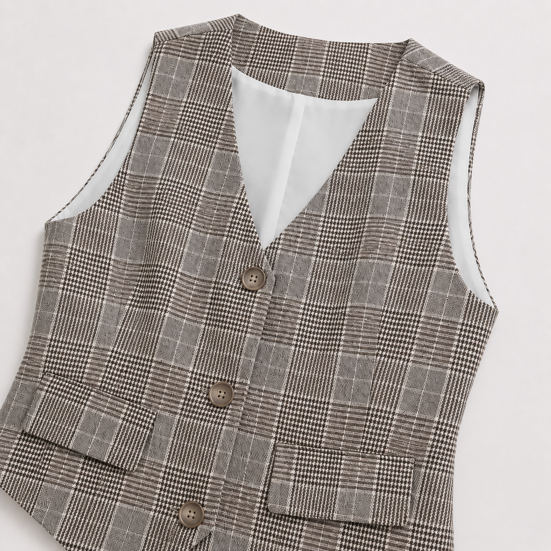 Beige Plaid Button-Front Waistcoat