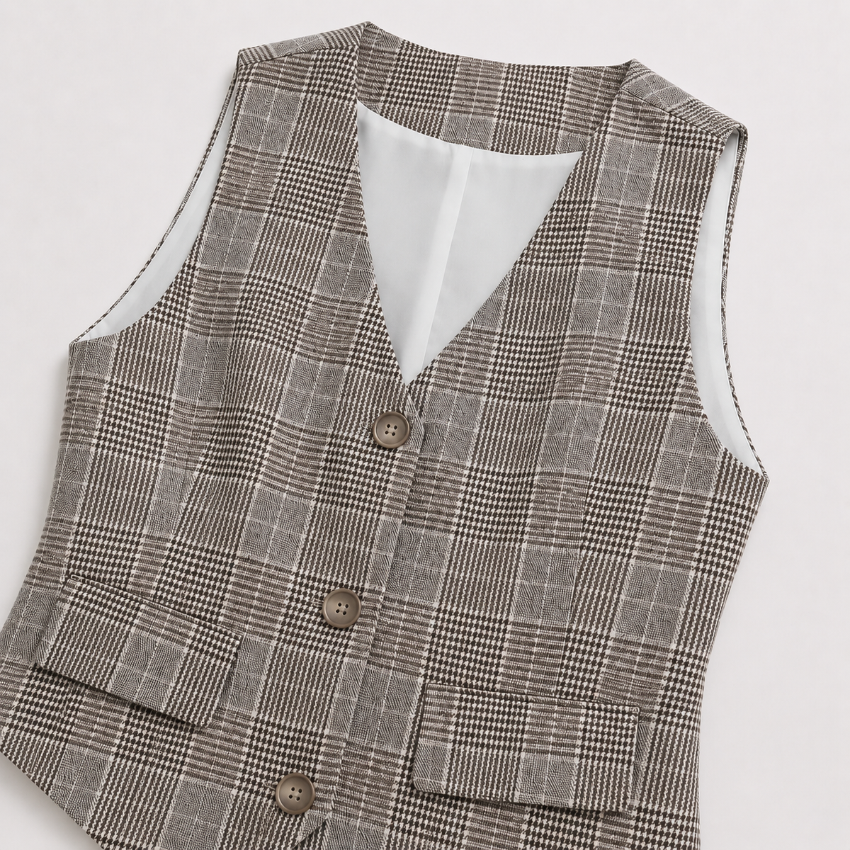 Beige Plaid Button-Front Waistcoat