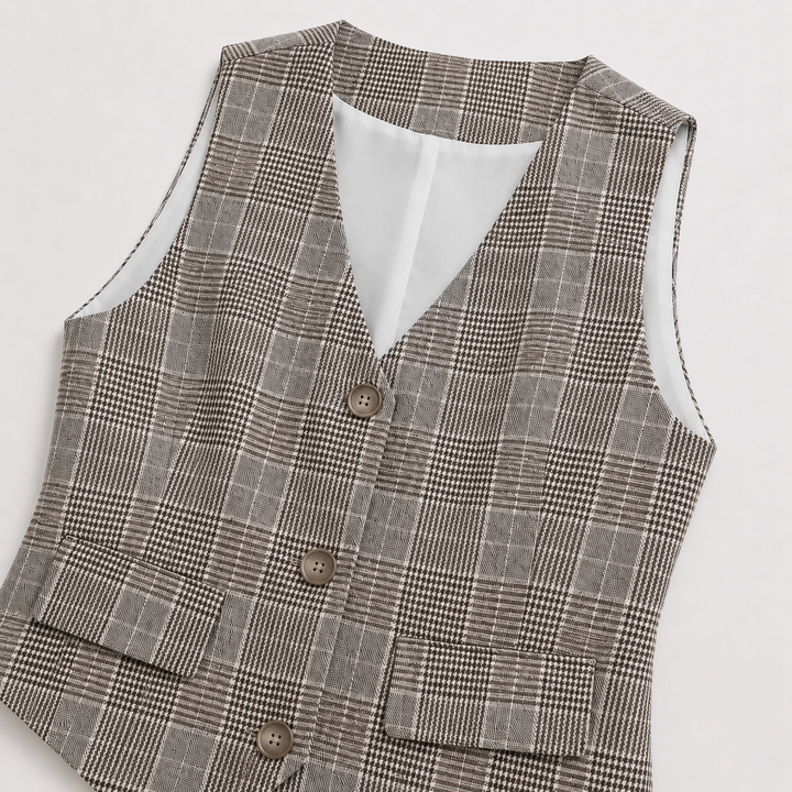 Beige Plaid Button-Front Waistcoat
