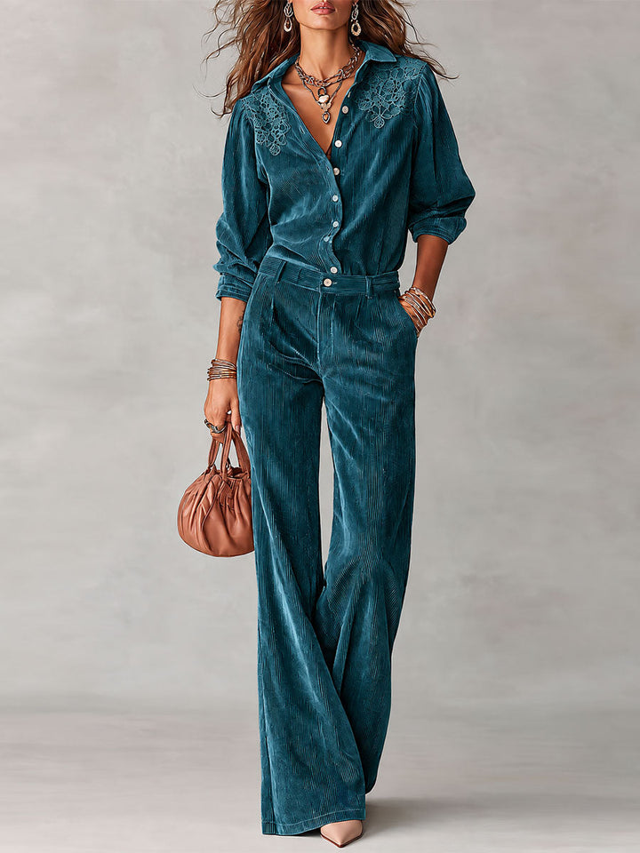 Boho Corduroy Lace-Trim Shirt &amp; Wide-Leg Pants Set
