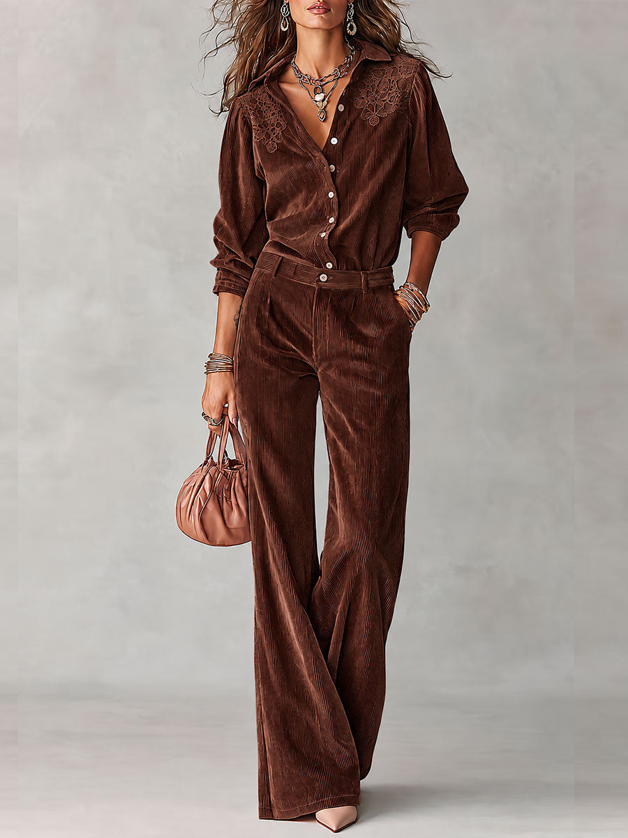 Boho Corduroy Lace-Trim Shirt &amp; Wide-Leg Pants Set