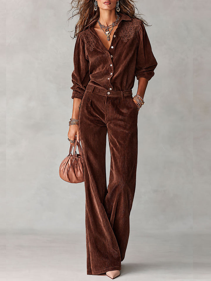 Boho Corduroy Lace-Trim Shirt &amp; Wide-Leg Pants Set