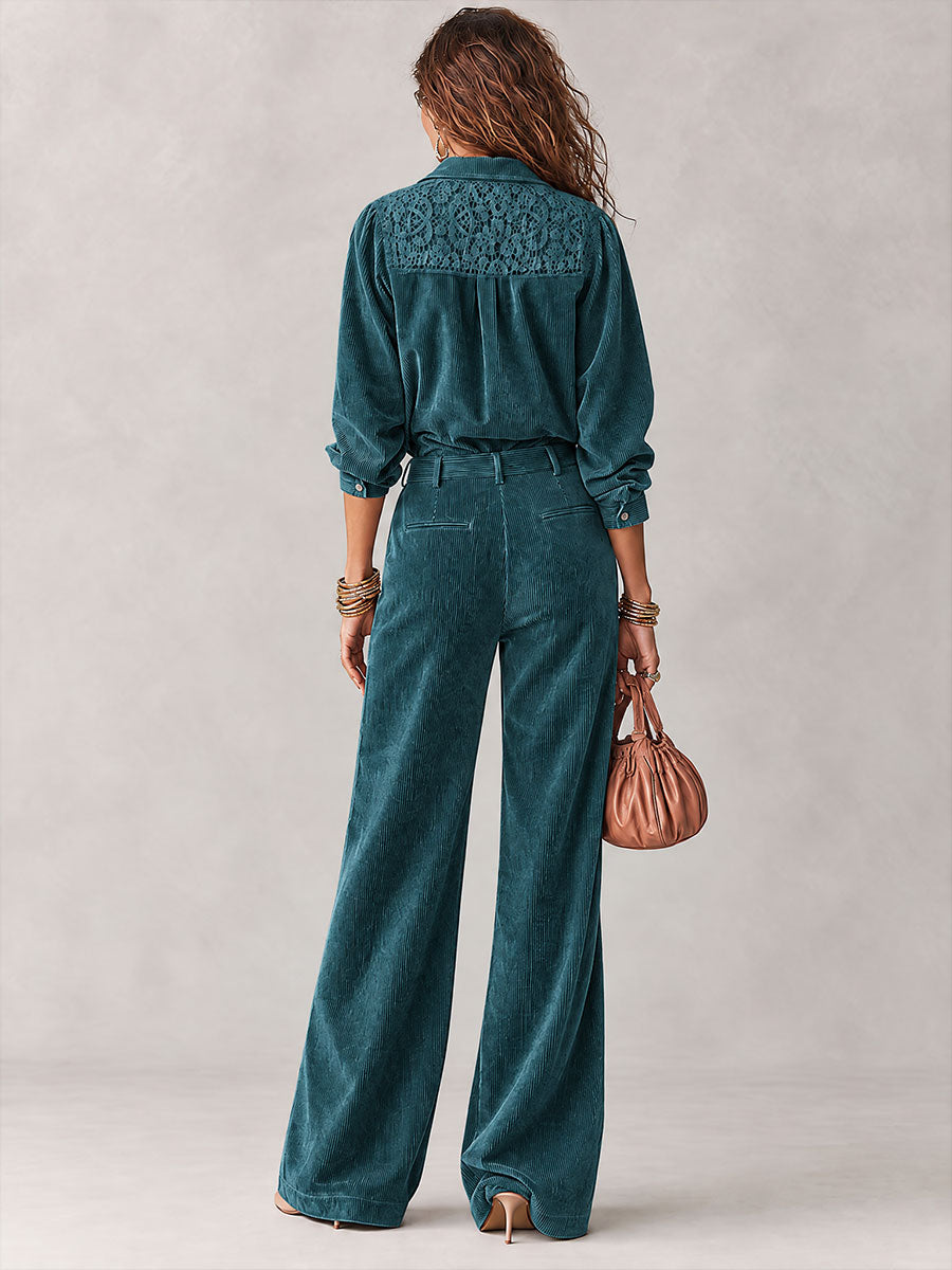 Boho Corduroy Lace-Trim Shirt &amp; Wide-Leg Pants Set