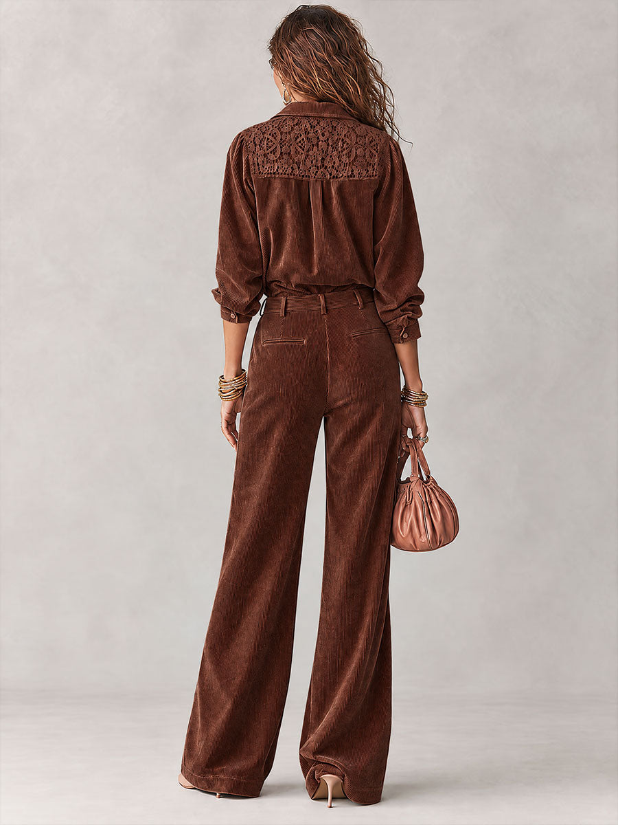 Boho Corduroy Lace-Trim Shirt &amp; Wide-Leg Pants Set