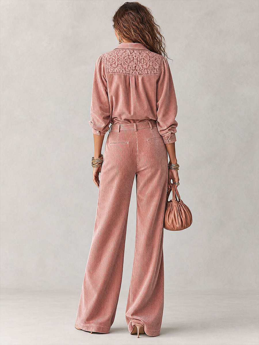 Boho Corduroy Lace-Trim Shirt &amp; Wide-Leg Pants Set