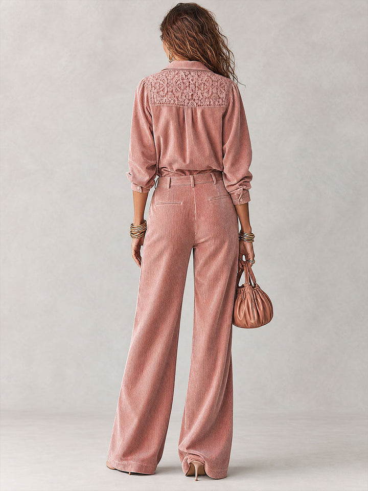 Boho Corduroy Lace-Trim Shirt &amp; Wide-Leg Pants Set