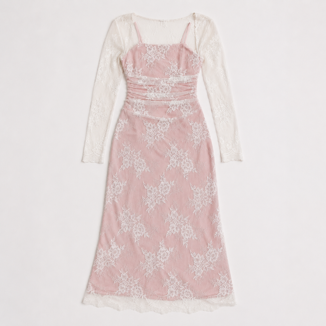 Square Neck Embroidered Long-Sleeve Maxi Dress