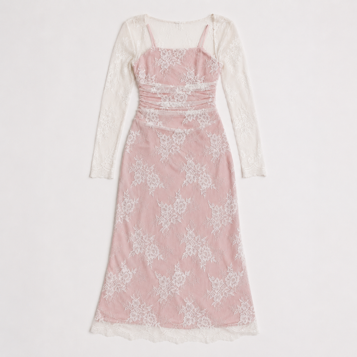Square Neck Embroidered Long-Sleeve Maxi Dress