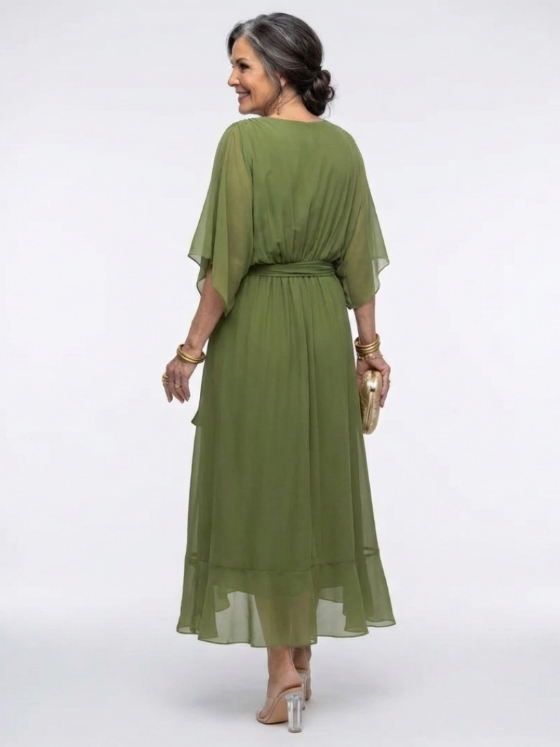 Elysia | V Neck Draped Waist Tie Midi Dress