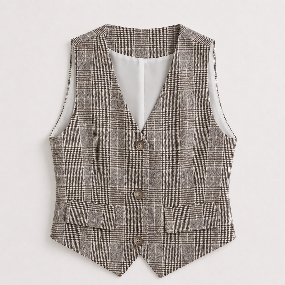 Beige Plaid Button-Front Waistcoat