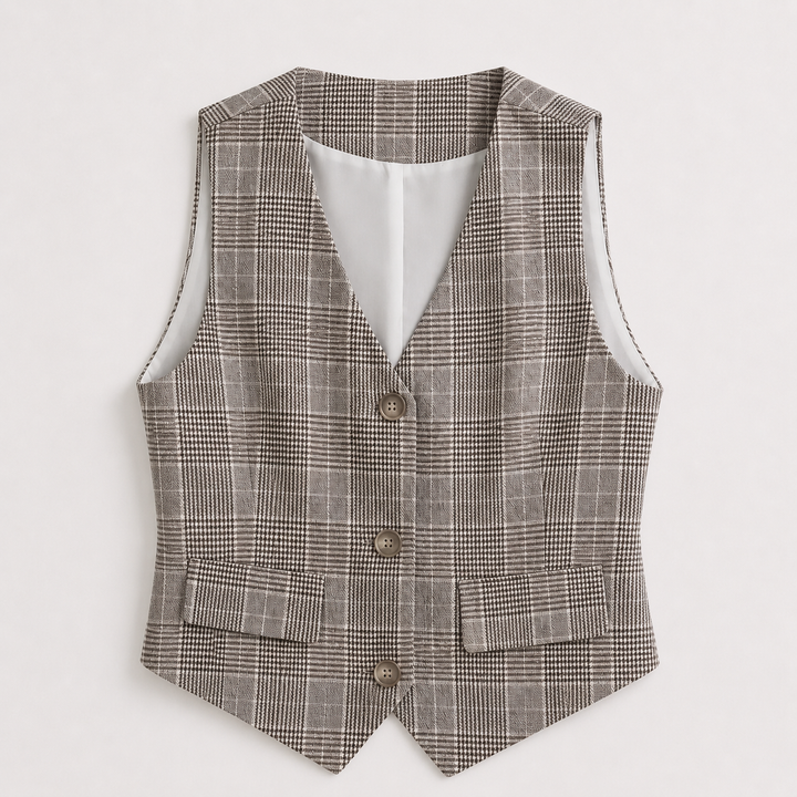 Beige Plaid Button-Front Waistcoat