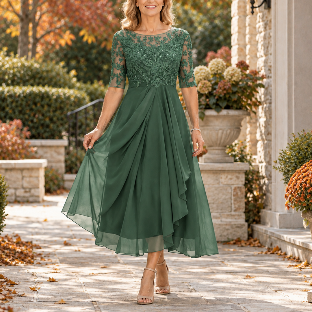 Elise | Lace Bodice Draped Midi Dress