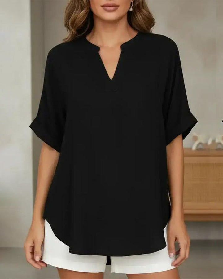 Loose Fit Solid Color V-Neck Blouse