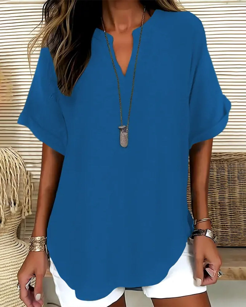 Loose Fit Solid Color V-Neck Blouse