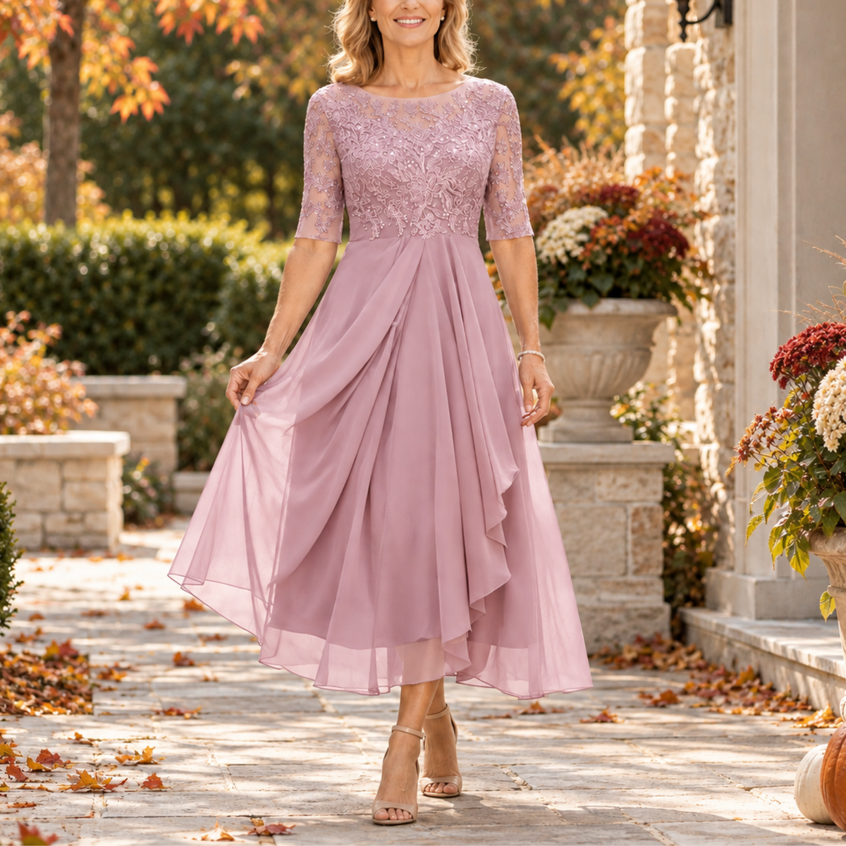 Elise | Lace Bodice Draped Midi Dress