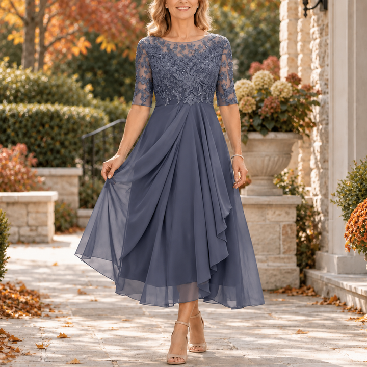 Elise | Lace Bodice Draped Midi Dress