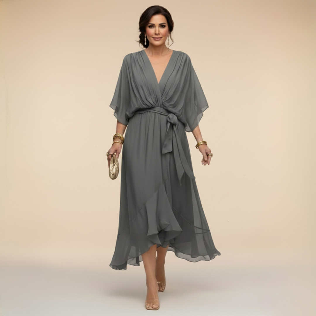 Fiona | Elegant Wrap Midi Dress with Tie Waist